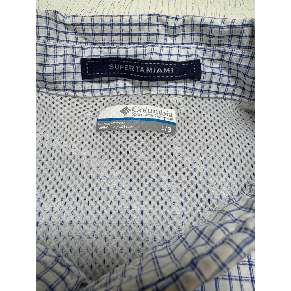Columbia Super Tamiami PFG Fishing S/S Shirt Men Large Blue White Plaid FM7189 - Picture 2 of 8